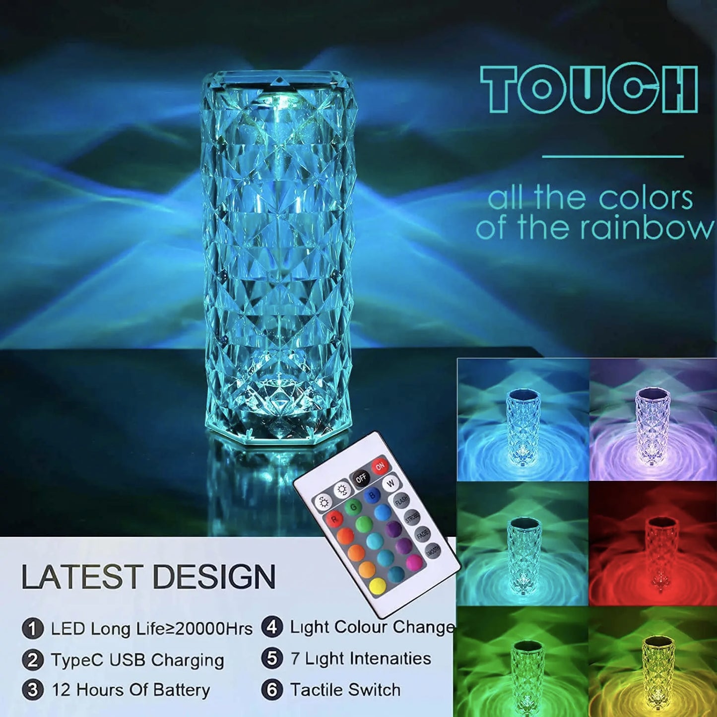 Elegant crystal LED lamp with soft glow.