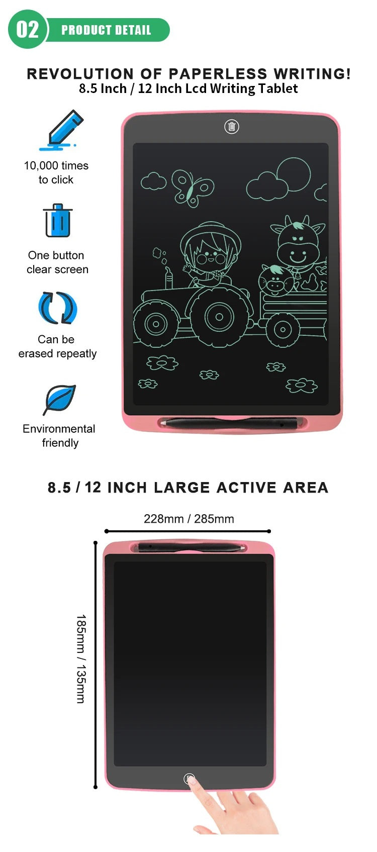 Length and width of LCD Writing tablet.