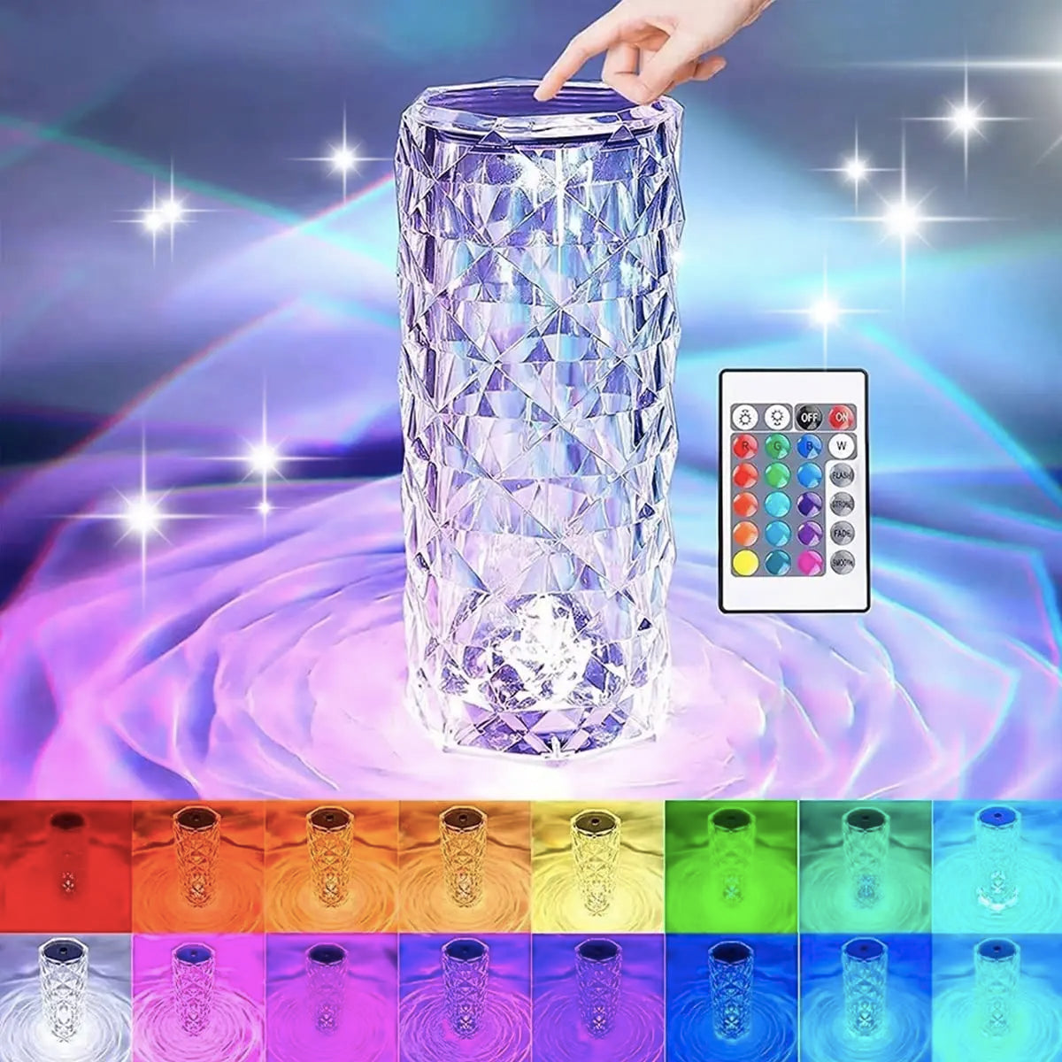 Crystal led lamp with compact remote.